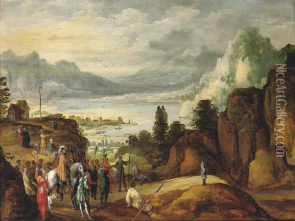 A Mountainous River Landscape With The Legend Of Wilhelm Tell Oil Painting - Joos De Momper