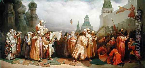 Palm Sunday Procession under the Reign of Tsar Alexis Romanov 1629-76 1868 Oil Painting - Viatcheslav Grigorievitch Schwarz