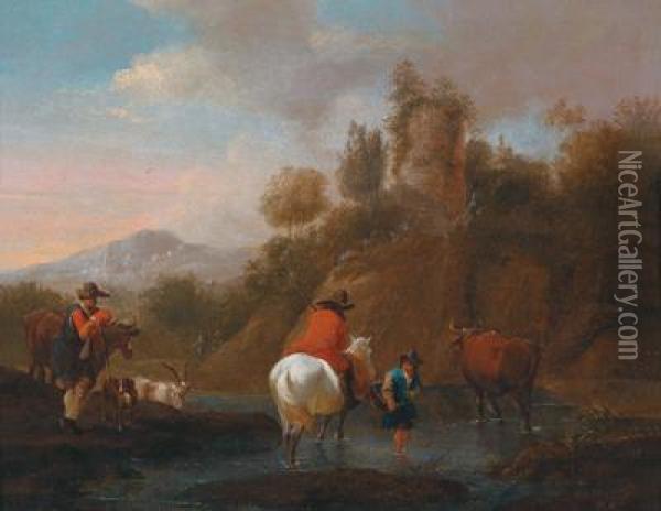 Paesaggio Fluviale Meridionale Con Pastori E Un Cavaliere Oil Painting - Nicolaes Berchem