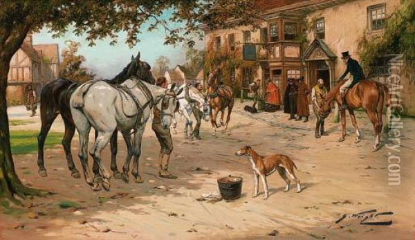 Outside The White Horse Inn Oil Painting - George Wright