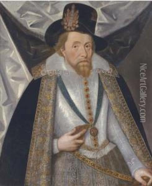 Portrait Of King James I, 
Half-length, Wearing A White Doublet, Ablack Hat And A Lined Black Cloak Oil Painting - John de Critz