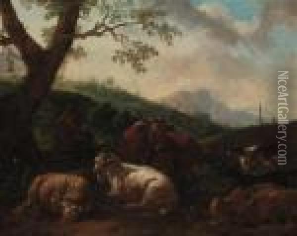 A Drover Resting With A Cow, Sheep And Dog In A Landscape Oil Painting - Philipp Peter Roos
