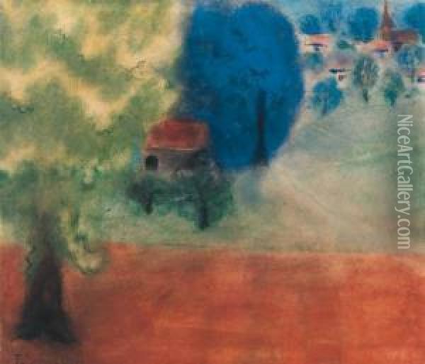 A Summer Landscape With A Village In The Distance Oil Painting - Ferdinand Schirren