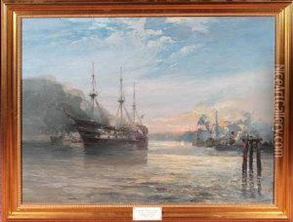 The Wellesley On Fire In North Shields Harbour Oil Painting - George Charles Aid