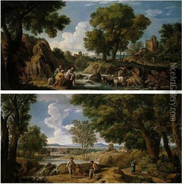 A Classical Landscape With Washerwomen And A Goat-herder By A River Oil Painting - Andrea Locatelli