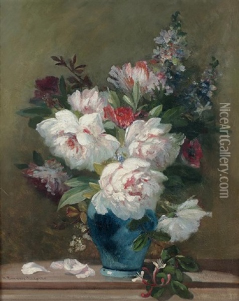 Bouquet De Pivoines Et Autres Fleurs Dans Un Vase Bleu Oil Painting - Emile-Henri Brunner-Lacoste