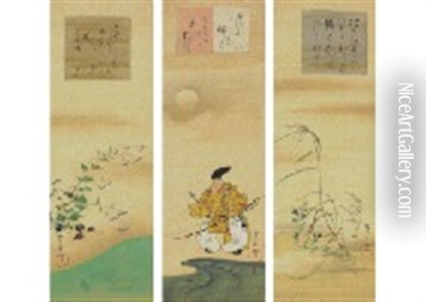 Minamotono Yorimasa, Autumn Leaves (3 Scrolls) Oil Painting - Sakai Oho