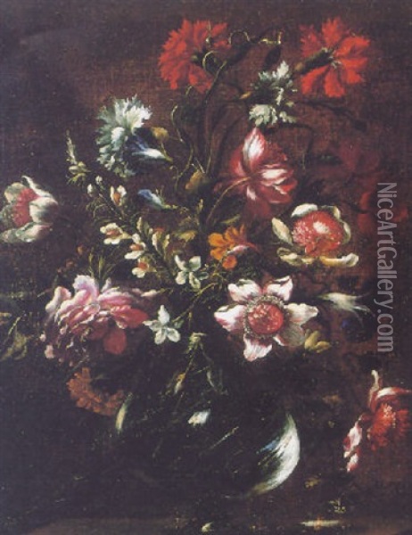 Still Life Of A Glass Vase Of Flowers Oil Painting - Margherita Caffi