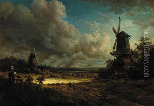 Windmills In A Stormy Landscape Oil Painting - Georges Michel