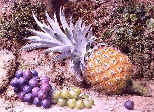 A Pineapple and Bunches of Grapes on a Mossy Bank, 1879 Oil Painting - John Sherrin