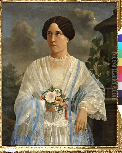 Portret Van Een Dame Met Bloemen In De Hand Oil Painting - Willem Bernardus Ijzerdraad