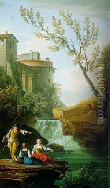 Capriccio View Of The Falls At Tivoli Oil Painting - Charles Francois Lacroix