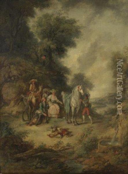 La Halte Des Chasseurs Devant Une Fontaine. Oil Painting - Louis Auguste Brun De Versoix