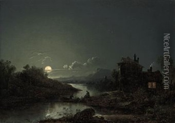 A Moonlit River Landscape With Figures Fishing And A Cottage On The Shore Oil Painting - Sebastian Pether