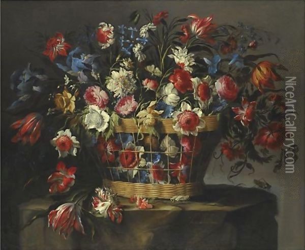 A Still Life With Carnations, Parrot Tulips, Roses, Iris, Daffodils, Morning Glory And Lillies Of The Valley Oil Painting - Juan De Arellano