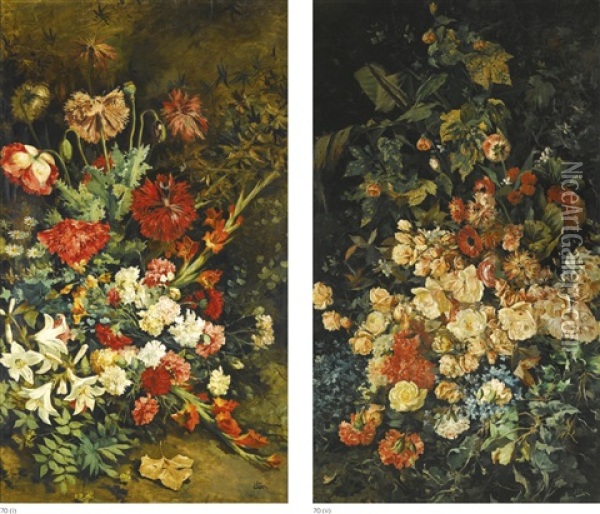 Two Flower Still Lifes: A Pair Oil Painting - Julio Vila y Prades