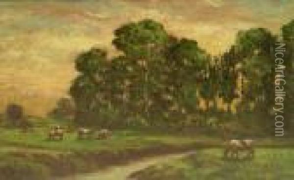 Sunset Cattle Grazing Oil Painting - William Greaves