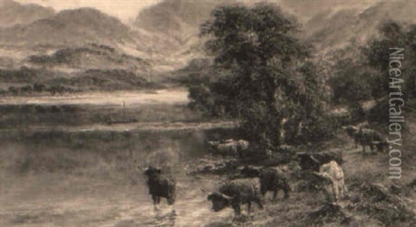 Cattle Watering In A Mountainous Landscape Oil Painting - William Langley