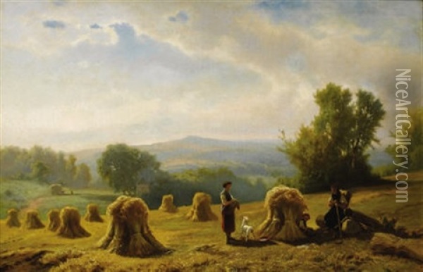 Harvesters In An Alpine Setting Oil Painting - Jacobus Nicolas (Baron) Tjarda van Starkenborg
