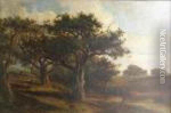 Figures Gathering Acorns In A Wooded River Landscape Oil Painting - Joseph Thors