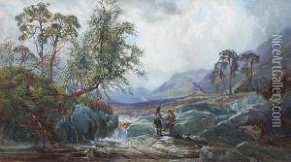 Two Anglers By A Highland River Oil Painting - John Faulkner