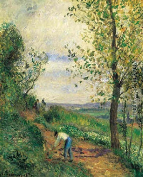 Paysage Avec Un Homme Piochant Oil Painting - Camille Pissarro