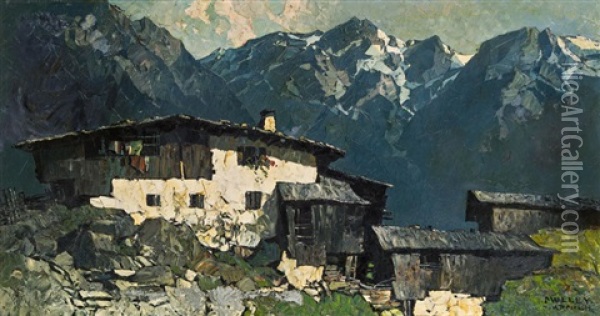 Bergbauernhof In Garmisch Oil Painting - Oskar Mulley