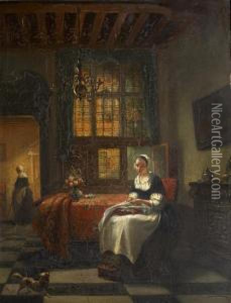 Lady Sewing Beside A Stained Glass Window Oil Painting - Alois Stanislas Lion