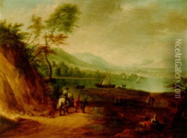 An Extensive River Landscape With Boats And Travellers On A Path Oil Painting - Mathys Schoevaerdts