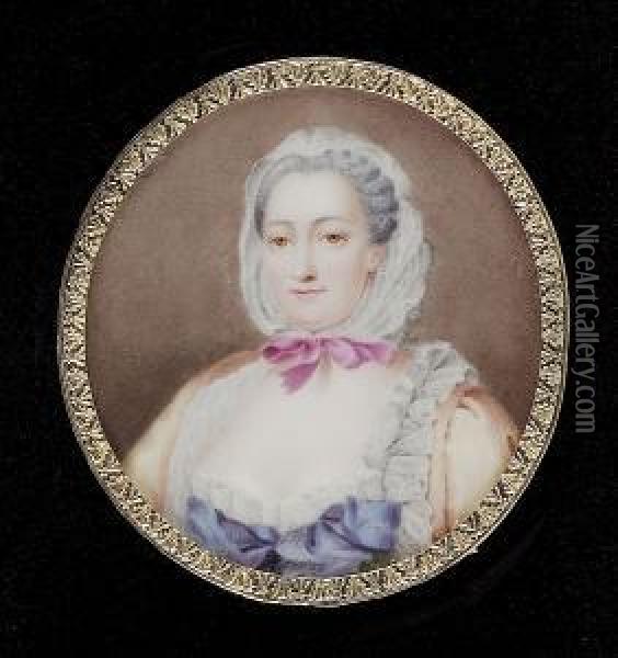 A Lady, Wearing 18th Century Dress, Her Ochre-coloured Gown With Blue And White Underdress, Her White Indoor Cap Tied With A Pink Ribbon Over Her Powdered Hair Oil Painting - John Simpson