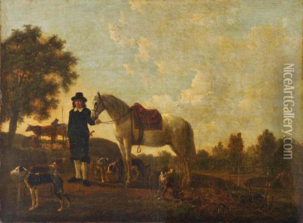 A Groom With A Grey Horse And Hounds In A Landscape Oil Painting - Jacob Van Stry