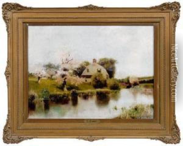 House With Pond And Blossoming Tree Oil Painting - Lucius Rossi
