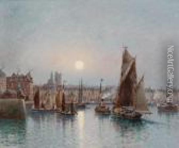 Coucher De Soleil Dans Le Port Hollandais Oil Painting - Louis Timmermans