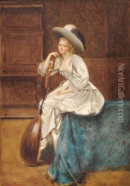 Portrait De Femme A La Mandoline Oil Painting - Auguste de la Brely