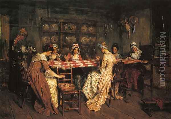 Quilting Bee Oil Painting - Henry Mosler