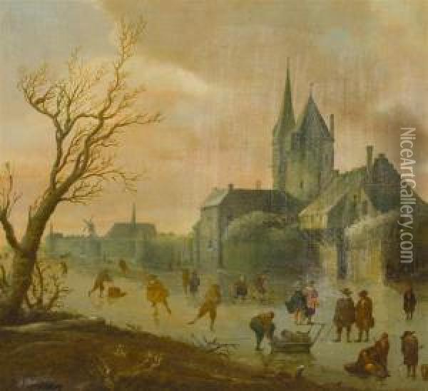 Ice Sports With A Church Tower In The Background Oil Painting - Henri Voordecker