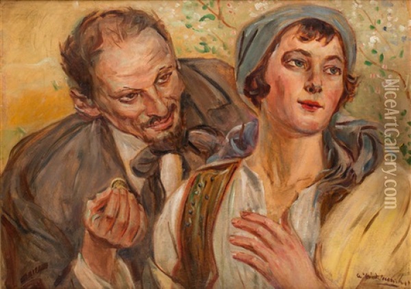 Kuszenie (zaloty) Oil Painting - Wincenty Wodzinowski