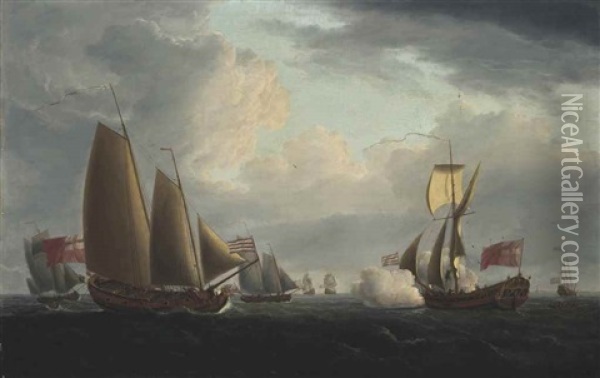 Admiralty Yachts Competing In A Trial Of Sailing Off Harwich, In A Fresh Breeze Oil Painting - Peter Monamy