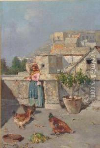 Feeding The Hens Oil Painting - Giuseppe Giardiello