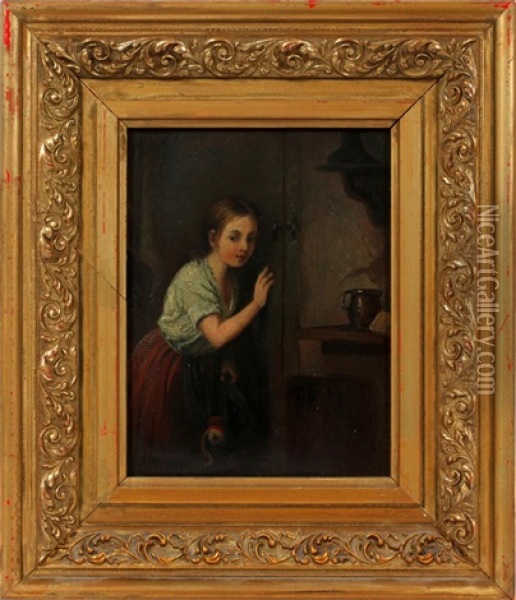 Depicting Young Girl Listening At Door Oil Painting - Josef Morgan
