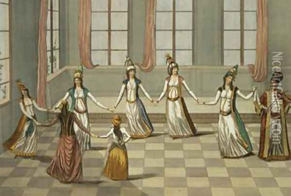 Dance that is fashionable with the Greek women of Constantinople led by the woman holding a handkerchief Oil Painting - Leonardis, Giacomo