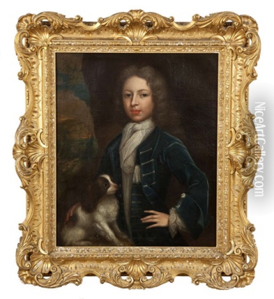 A Young Boy Wearing A Blue Coat And White Jabot, With A King Charles Spaniel And Its Companion Oil Painting - Enoch Seeman