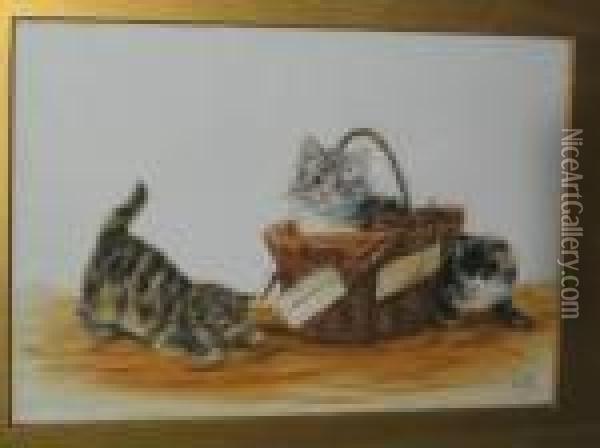 Three Kittens Playing In A Basket Oil Painting - Bessie, Betsie Bamber
