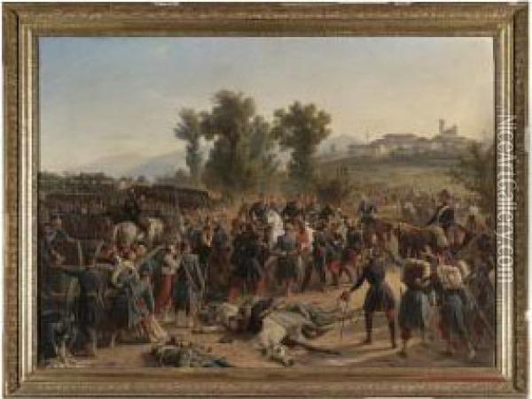 Troops Praising General Forey 
After Their Victory At The Battle Of Montebello On 20 May 1859 Oil Painting - Henri Felix Emmanuel Philippoteaux