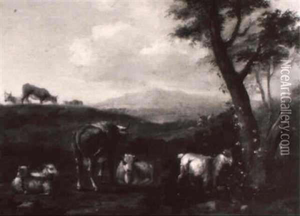 Cattle, Sheep And A Goat In An Italianate Landscape Oil Painting - Johannes Carre