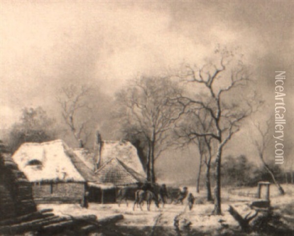A Winter Landscape With Peasants By A Farm Oil Painting - Andreas Schelfhout
