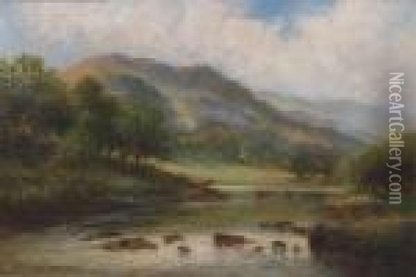 River Landscape With Cattle Watering Oil Painting - William Langley