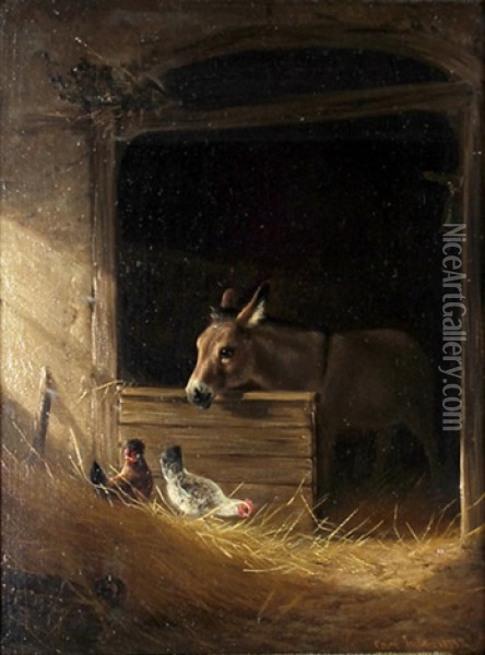 Stallinterieur Mit Esel Und Zwei Huhnern Oil Painting - Carl Jutz the Elder
