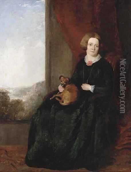 Portrait of a lady and her dog Oil Painting - English School