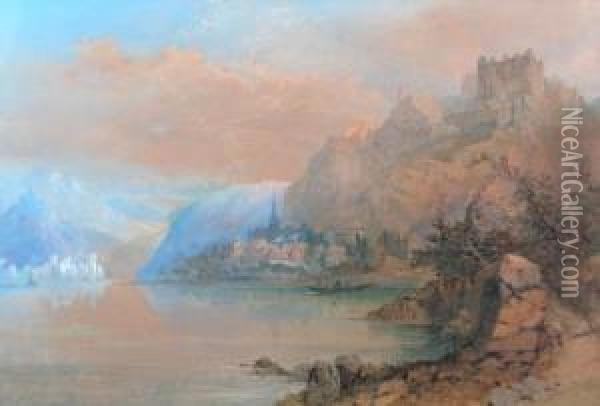 european Lakeside Scene Oil Painting - Edward M. Richardson